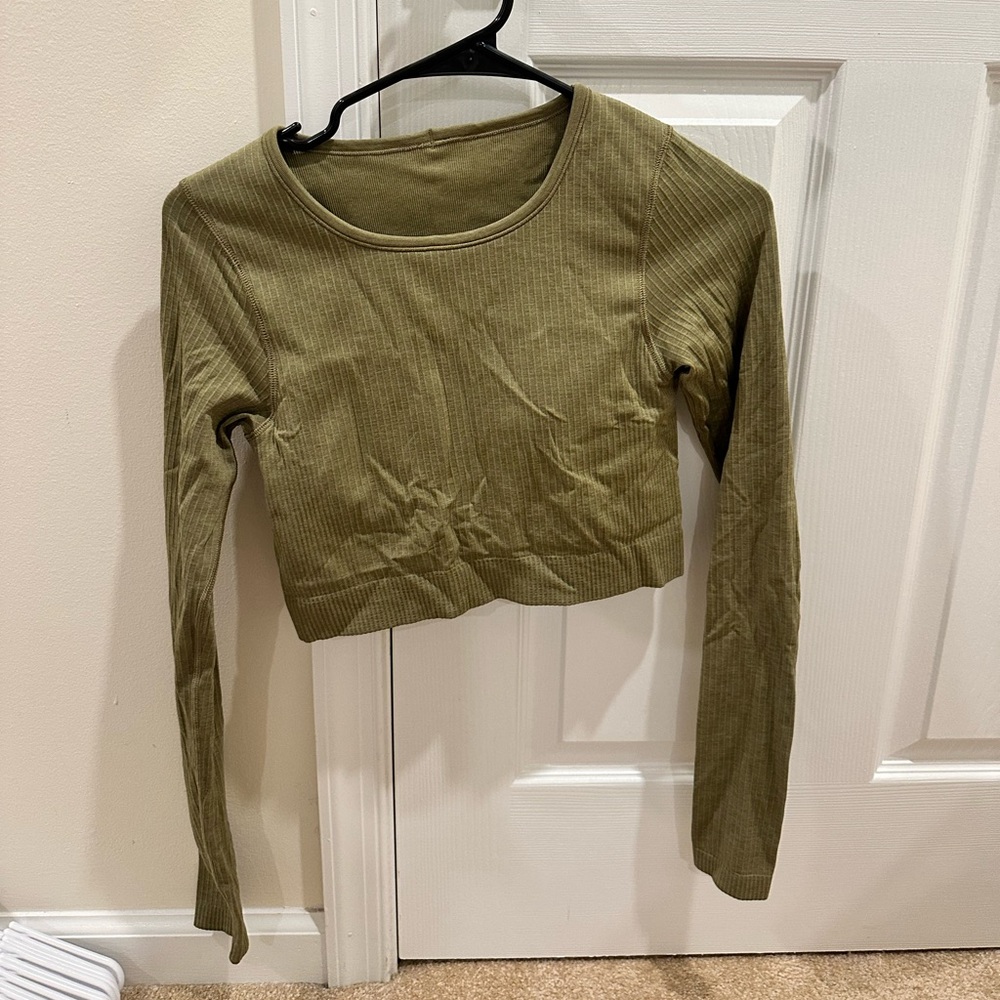 Lulu Olive Green Ribbed Long Sleeve Crop Top